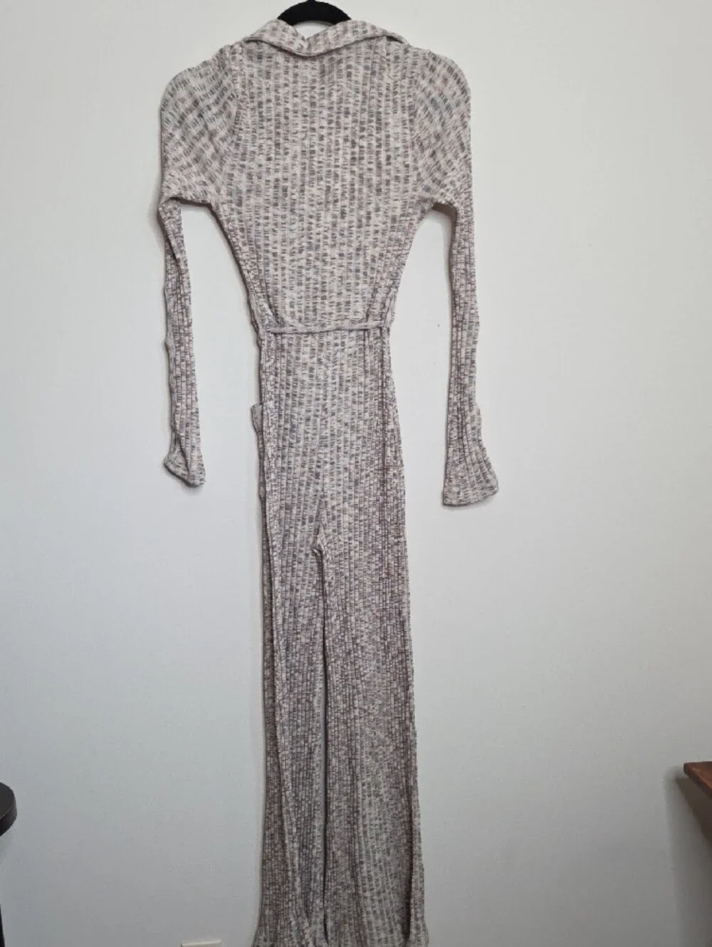 Free People Ribbed Collared Button-Front Jumpsuit in Taupe Speckle
